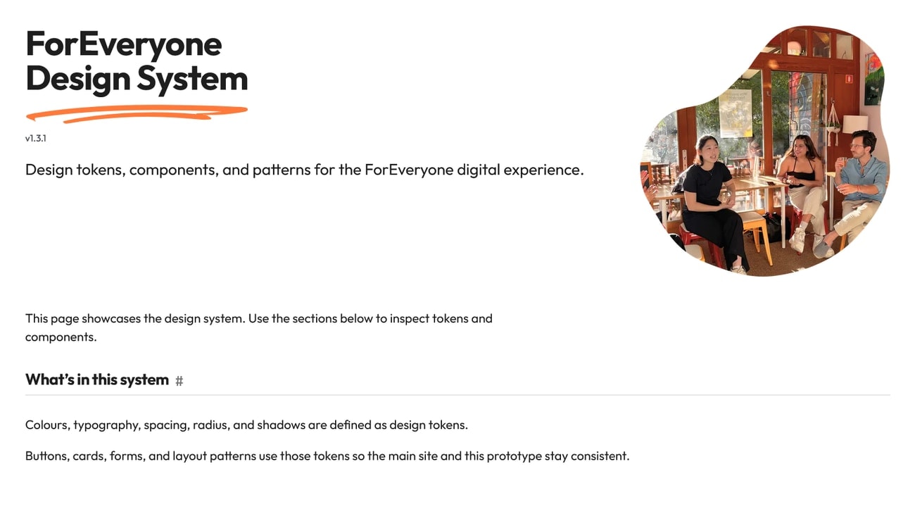 ForEveryone Design System overview page, version 1.3.1, with a summary of what the system covers