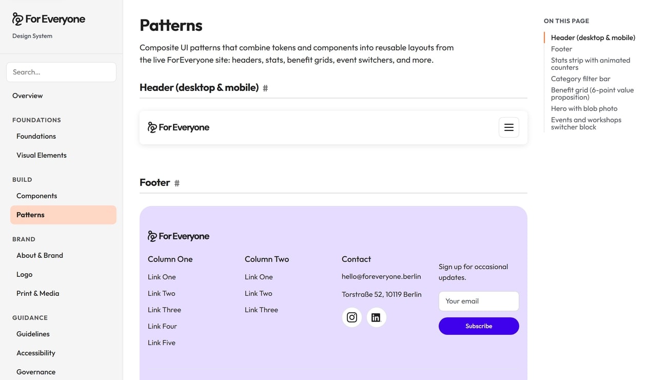 Patterns page with reusable header and footer examples