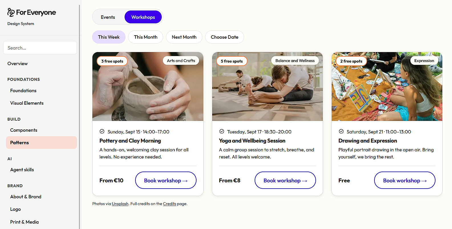Patterns page with workshop cards, availability badges, and date filters