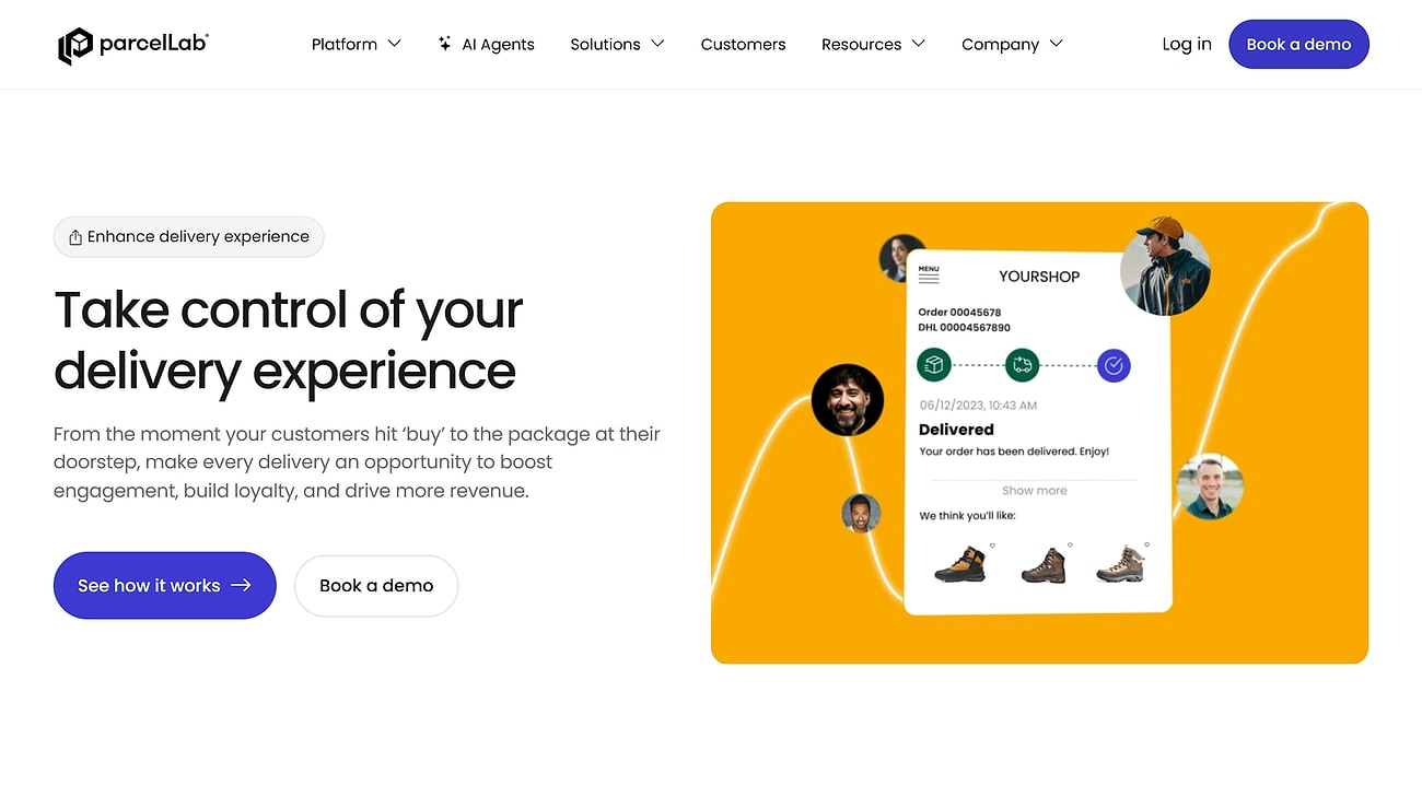 parcelLab delivery experience page hero: Take control of your delivery experience