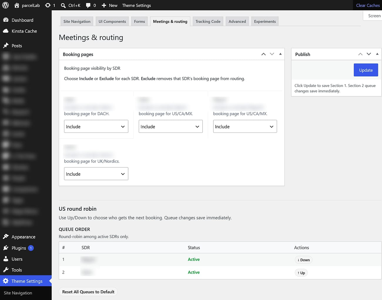 WordPress admin Theme Settings, Meetings and routing tab: booking pages per sales rep for DACH, US/CA/MX, and UK/Nordics, and a US round-robin queue