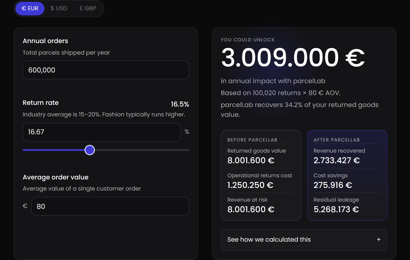 Returns Leak Calculator with annual impact estimate and before/after comparison