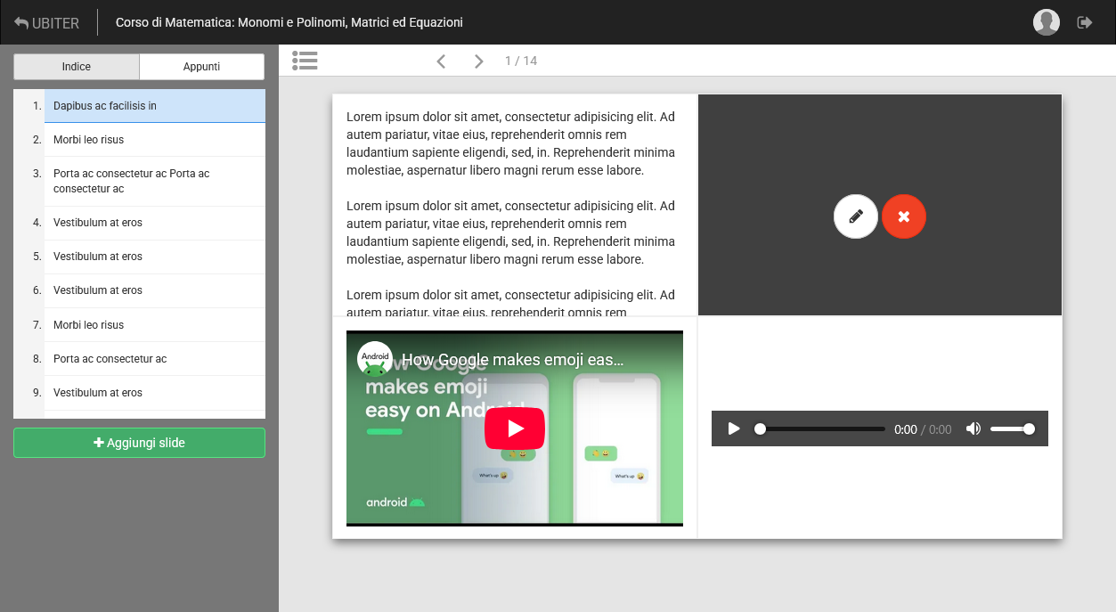 Ubiter course editing UI showing interface elements for creating and managing online courses