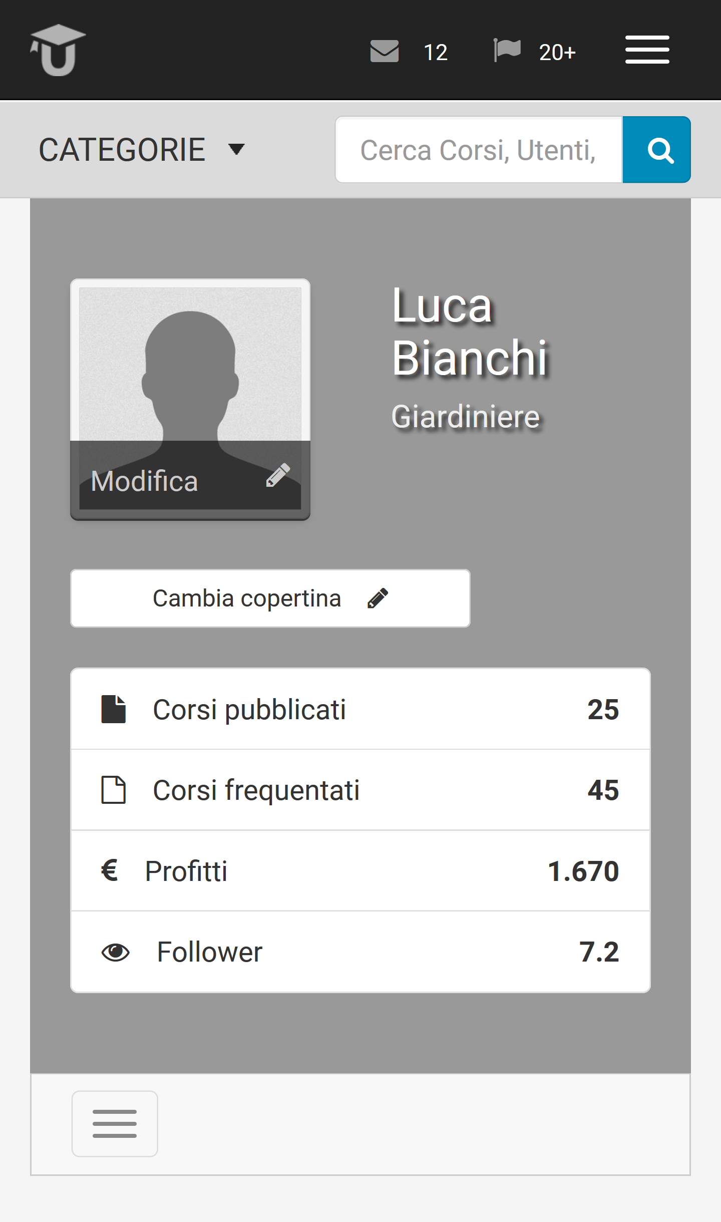 Ubiter user profile on a phone: avatar, cover photo button, and counts for published courses, attended courses, earnings, and followers