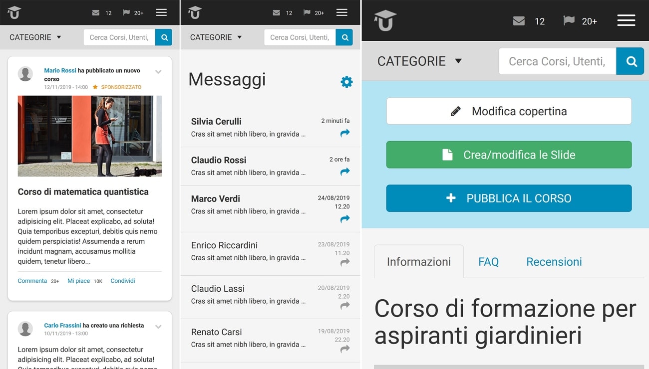 Ubiter mobile screenshots showing user dashboard, messages, and course editing screens