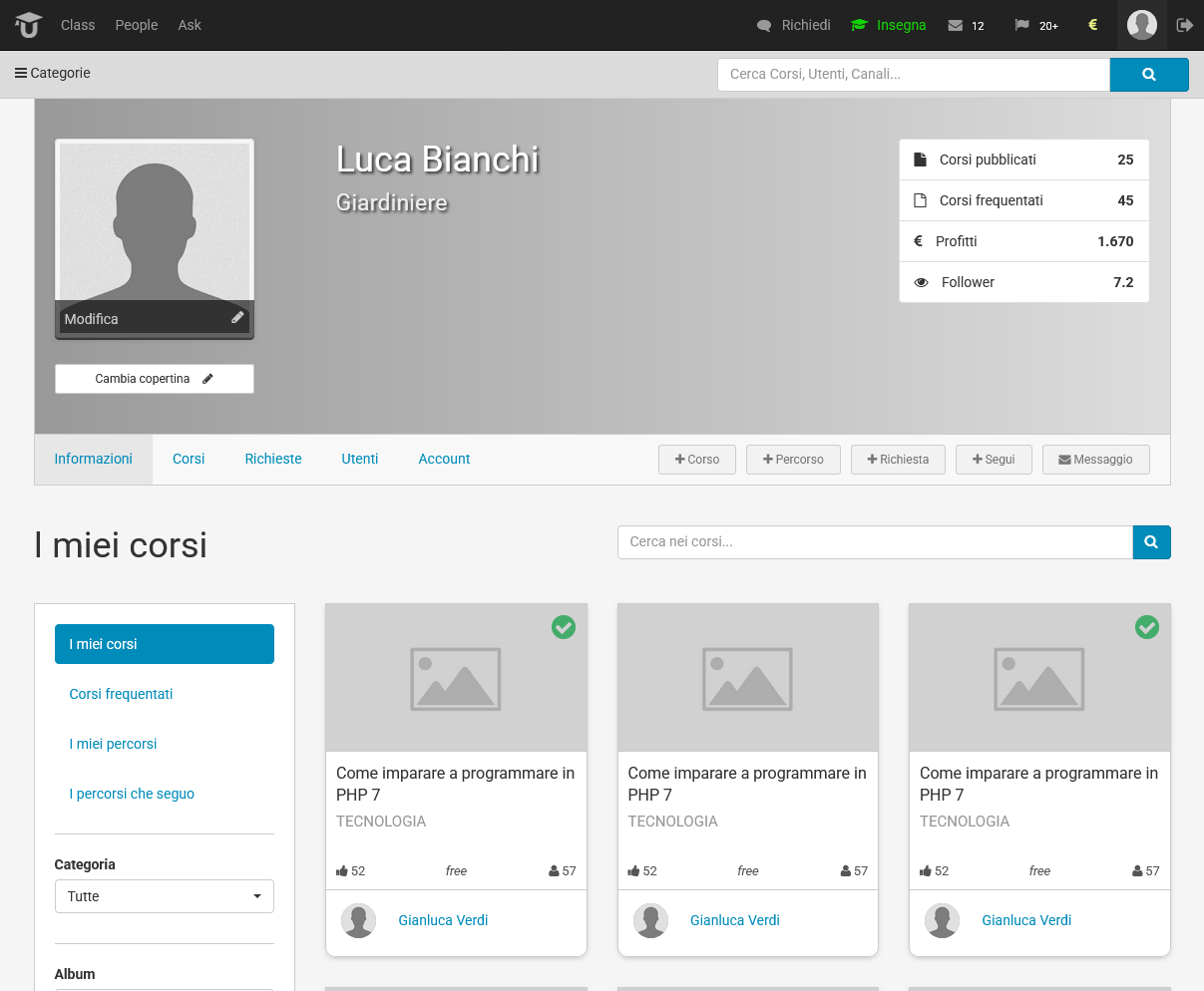 Ubiter user courses overview UI showing a list of enrolled and created courses